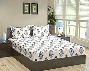 Trance Home Linen Jaipuri Design 180TC 100% Cotton Queen Size Printed Bedsheet | Bedding Set of Queen Size Flat Bed Cover with 2 Pillow Covers (86×104 inch | 7.1ft x 8.6ft – Aangan Blue)