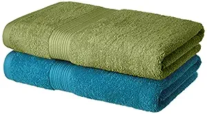 Amazon Brand – Solimo 100% Cotton 2 Piece Bath Towel Set, 500 GSM (Olive Green and Turquoise Blue)