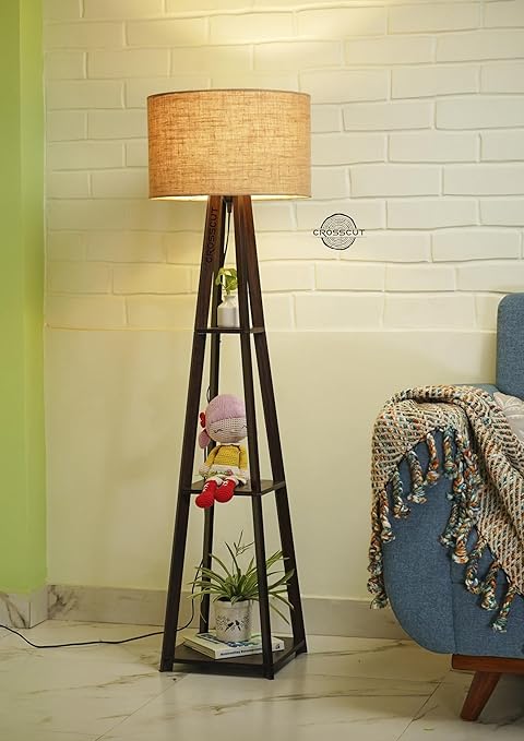 Crosscut Furniture Wooden Floor Lamp with Shelf in Dark Finish (Natural Jute)